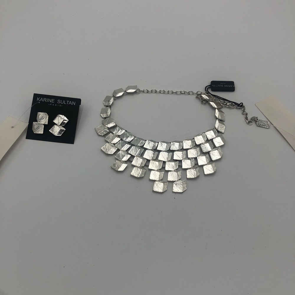 Karine Sultan Silver Tone Square Necklace Matching Earrings New With Tags Paris‎